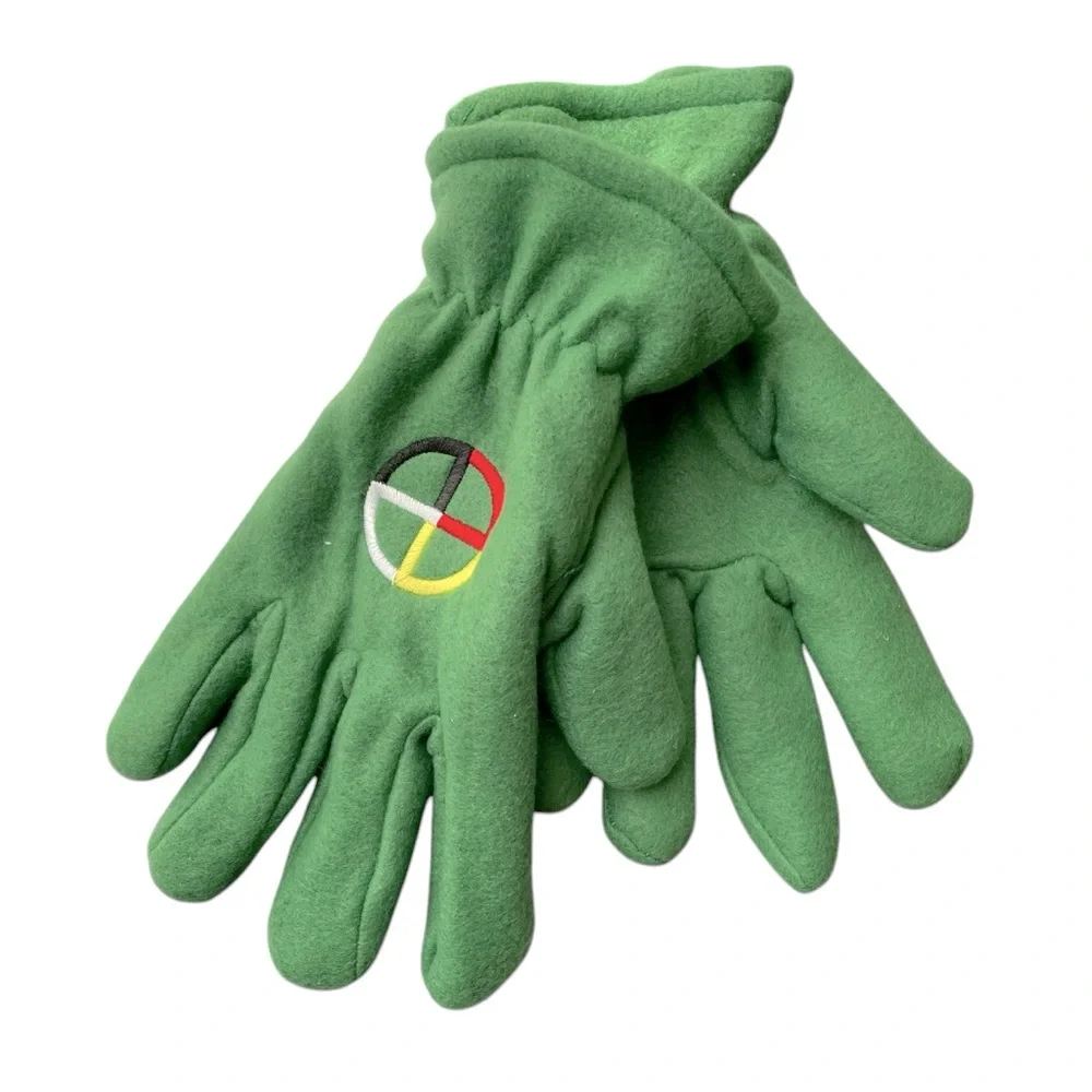 Women's Fleece Winter Gloves Lined Green with Embroidered Motif